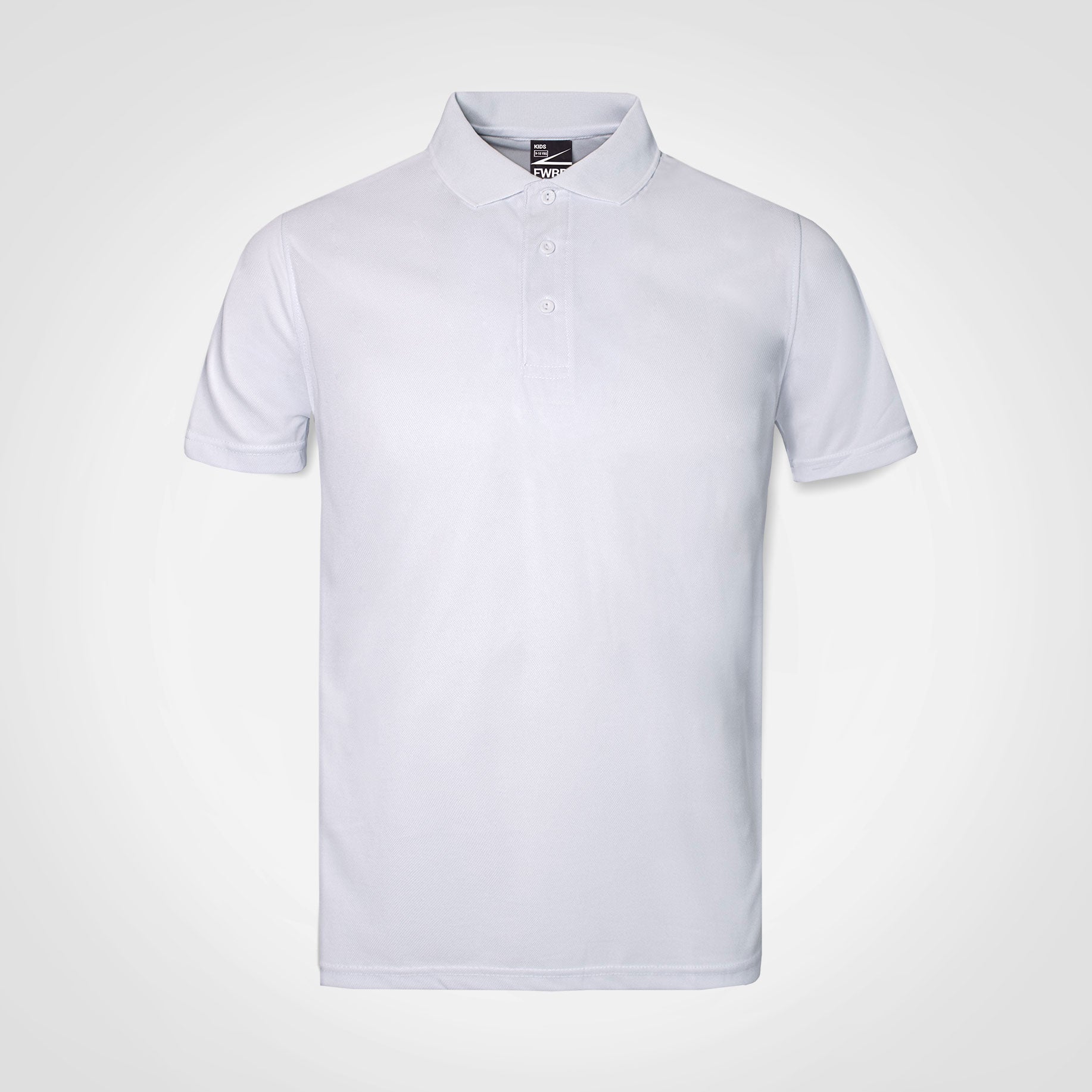 White kids polo golf shirt with short sleeves, button placket, and fold-over collar