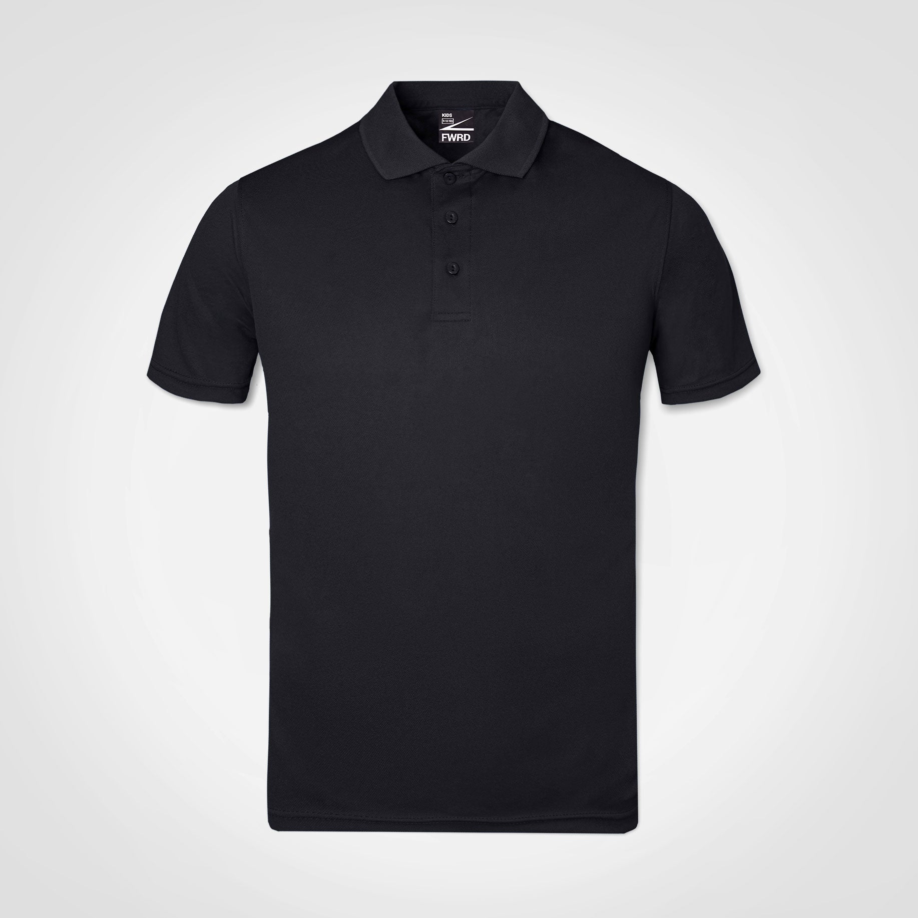 Black kids polo golf shirt with short sleeves, button placket, and fold-over collar