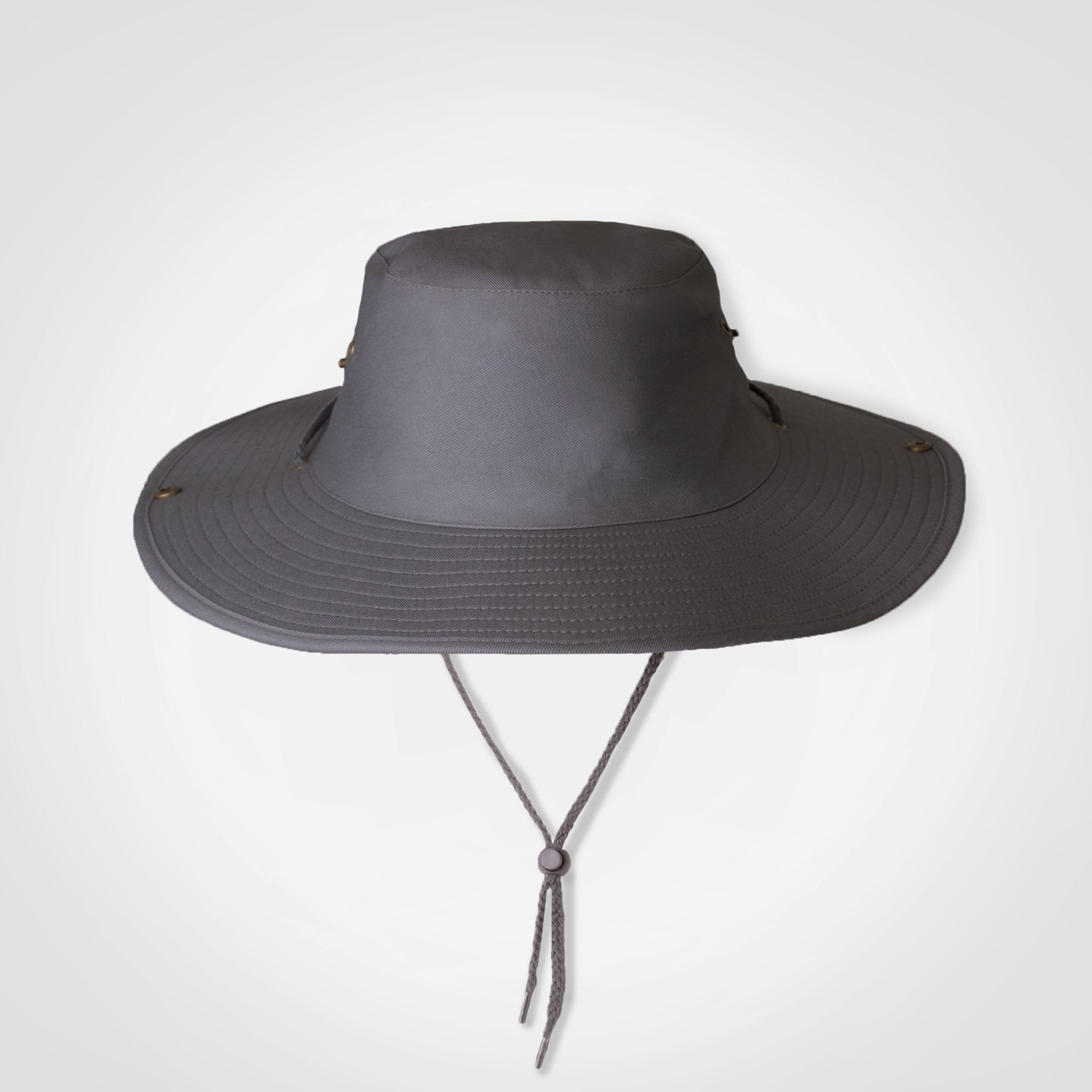 Dark gray bush hat with wide brim and chin strap ties
