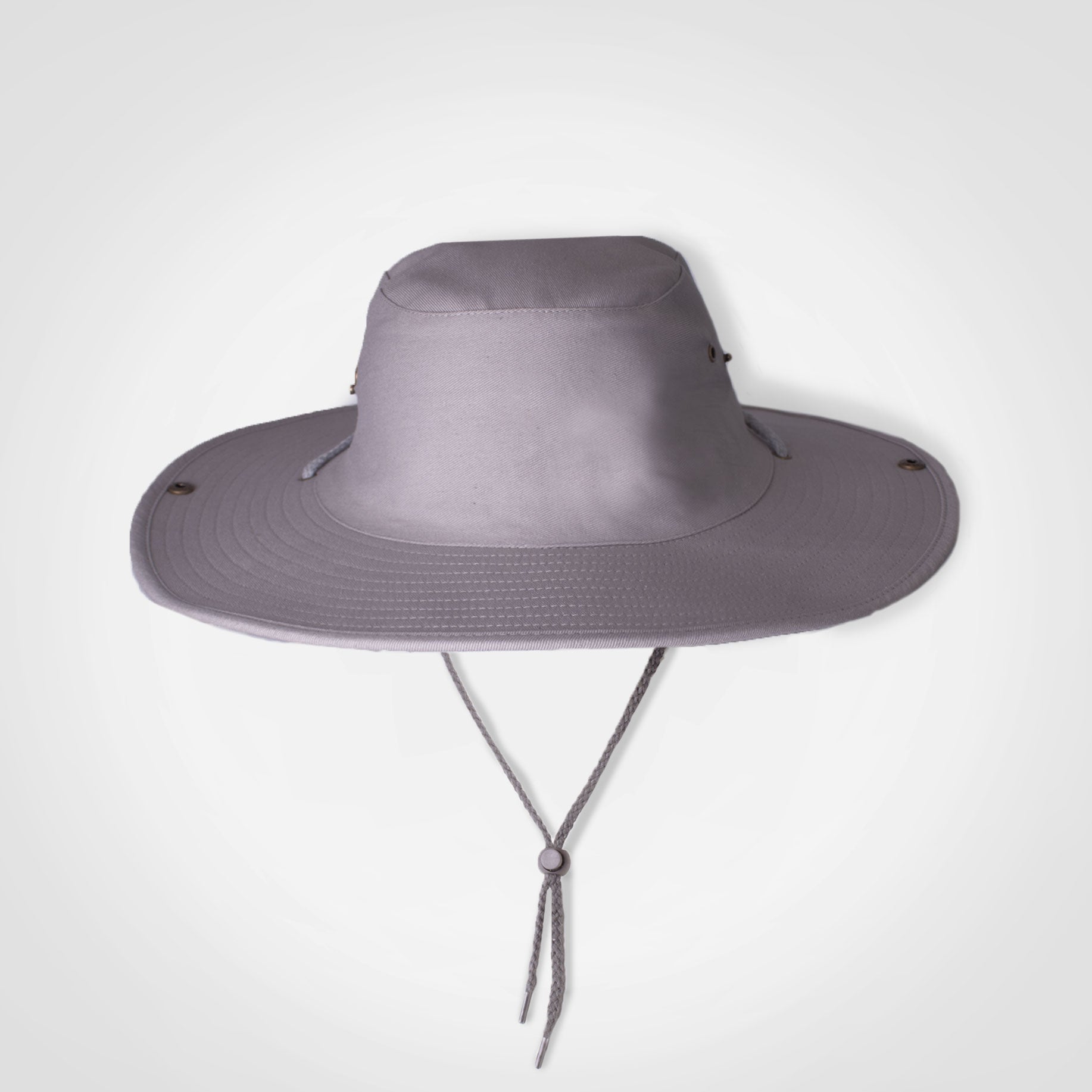 Gray bush hat with wide brim and chin strap ties