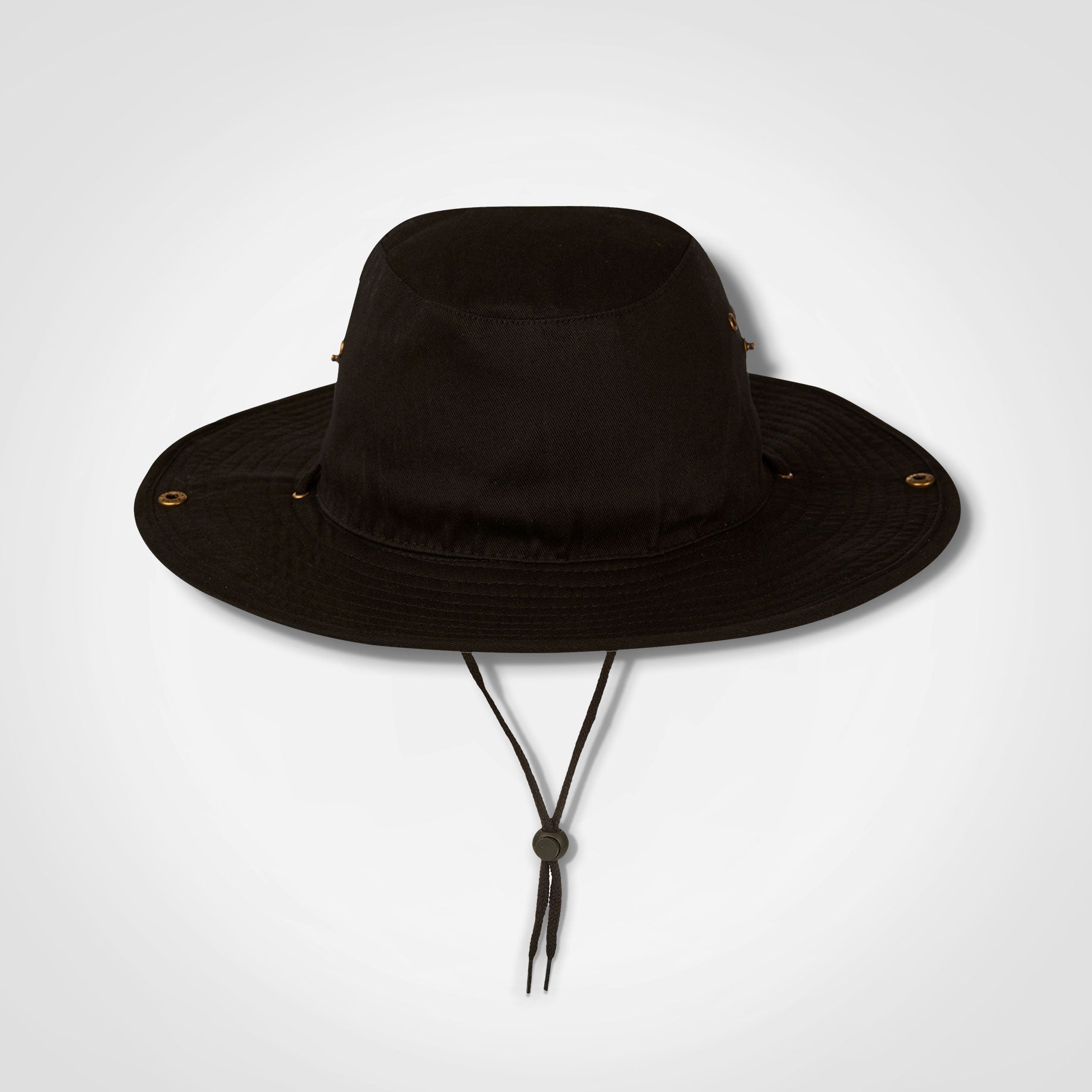 Black bush hat with wide brim and chin strap ties