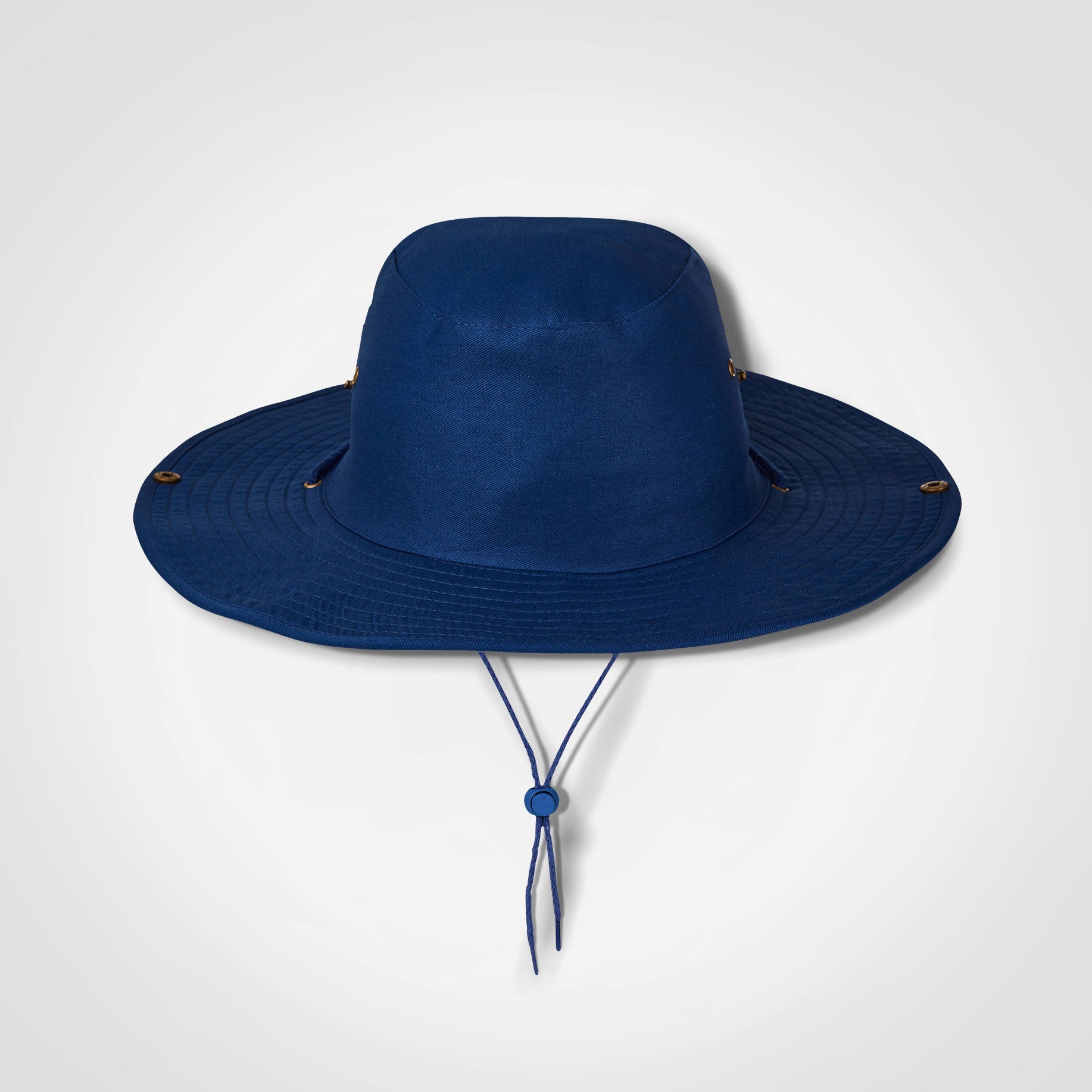 Royal blue bush hat with wide brim and chin strap ties
