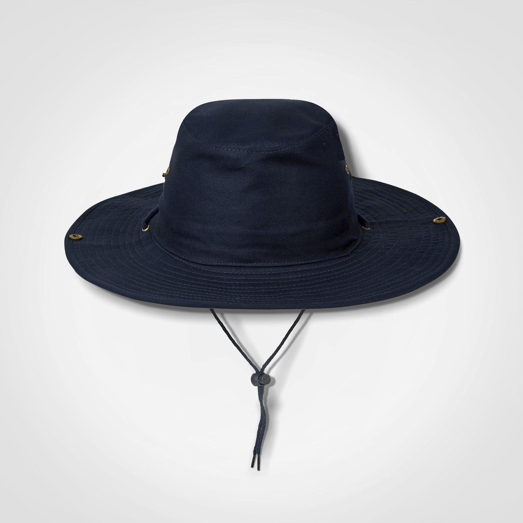 Navy bush hat with wide brim and chin strap ties