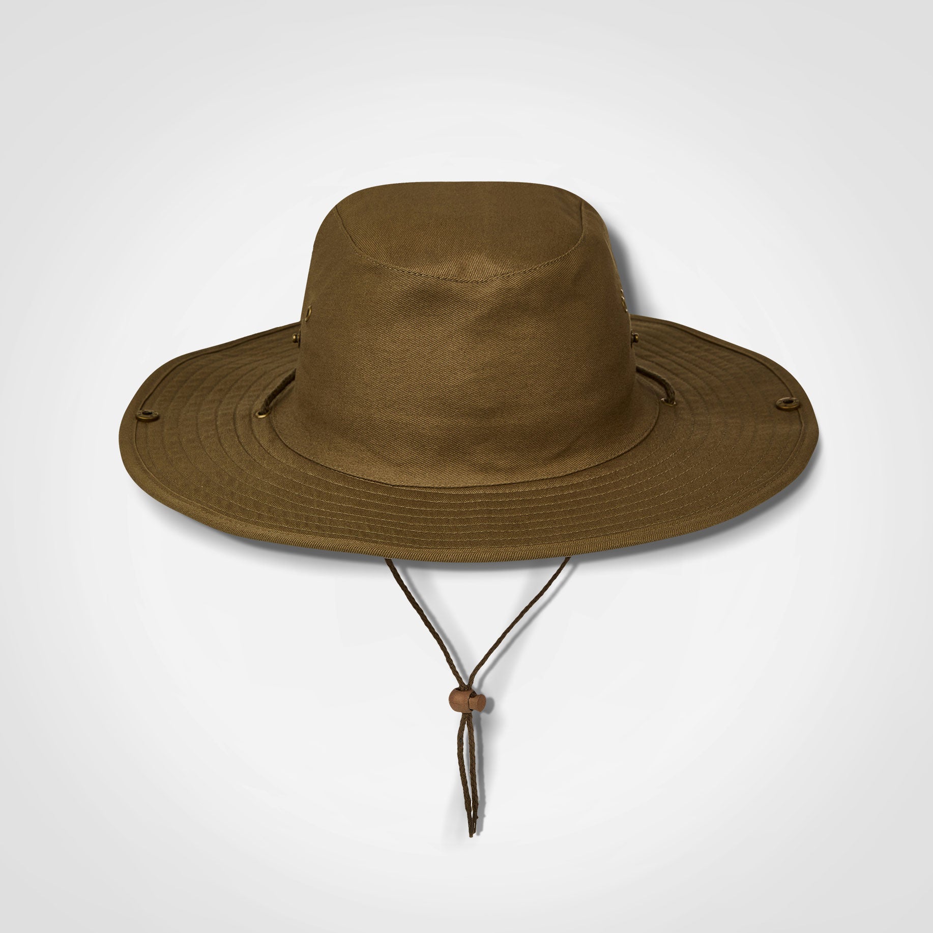 Olive/brown bush hat with wide brim and chin strap ties