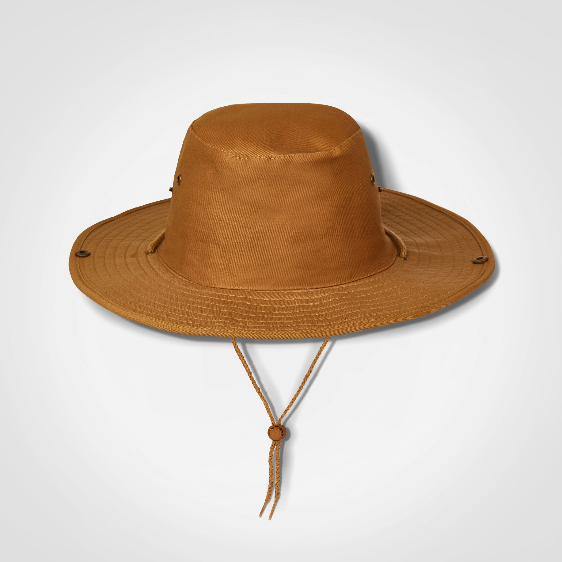 Rust brown bush hat with wide brim and chin strap ties