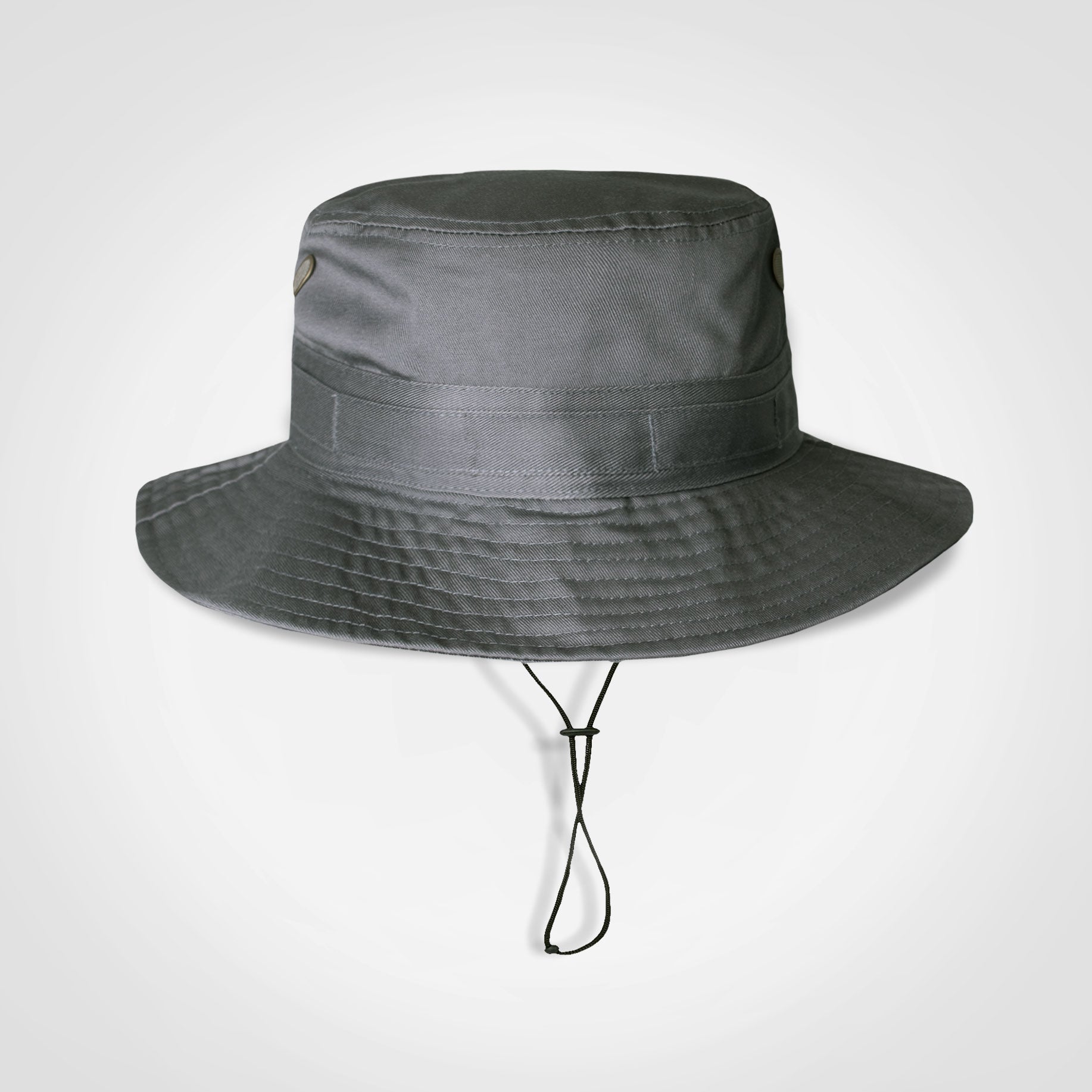 Charcoal-grey Ranger hat with wide brim and chin drawstring cords.