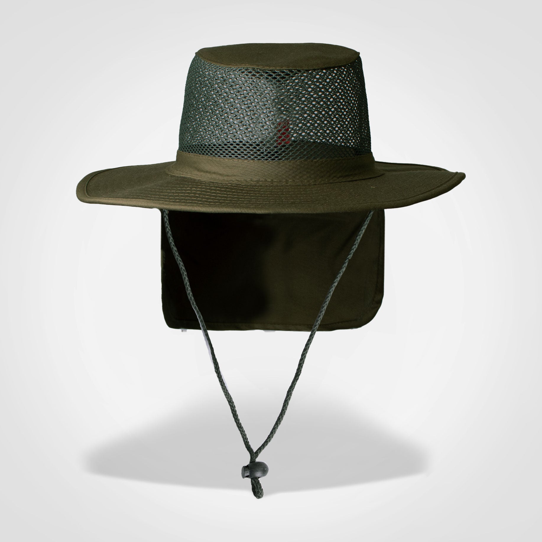 Safari hat with mesh crown, wide brim, chin cord in dark olive green
