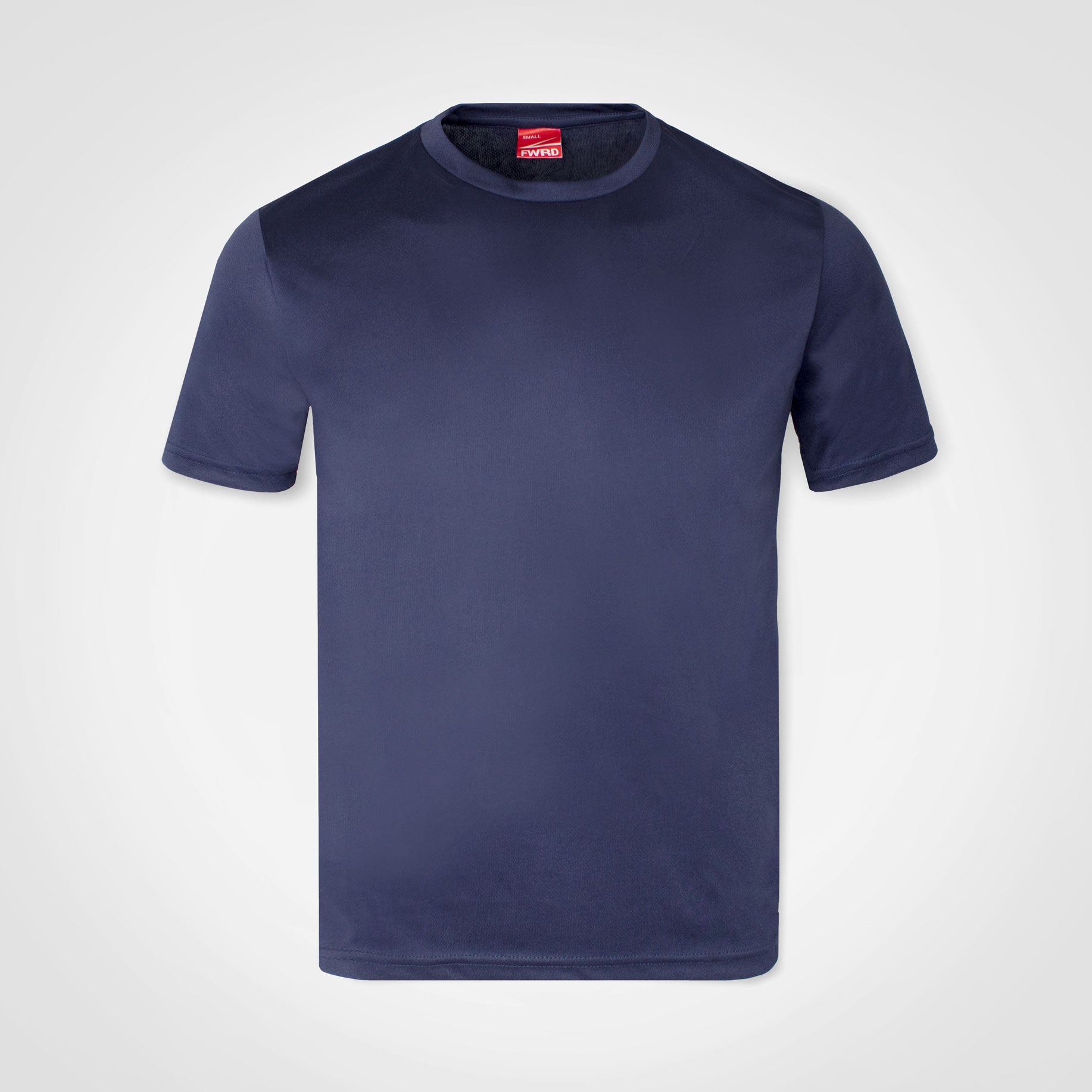 Men's crew-neck athletic T-shirt, dark navy, short sleeves.