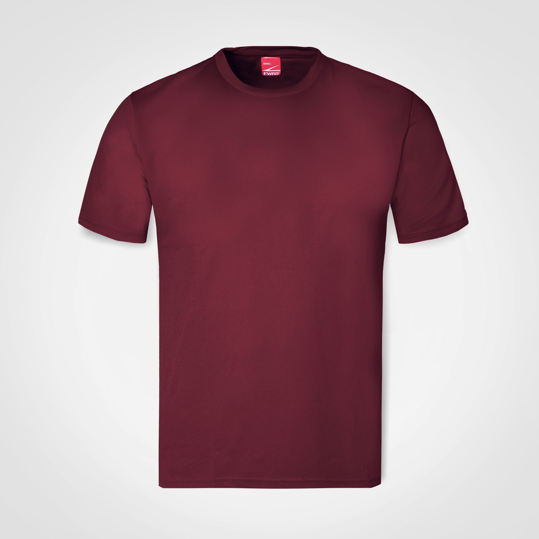 Men's crew-neck athletic T-shirt, burgundy, short sleeves.