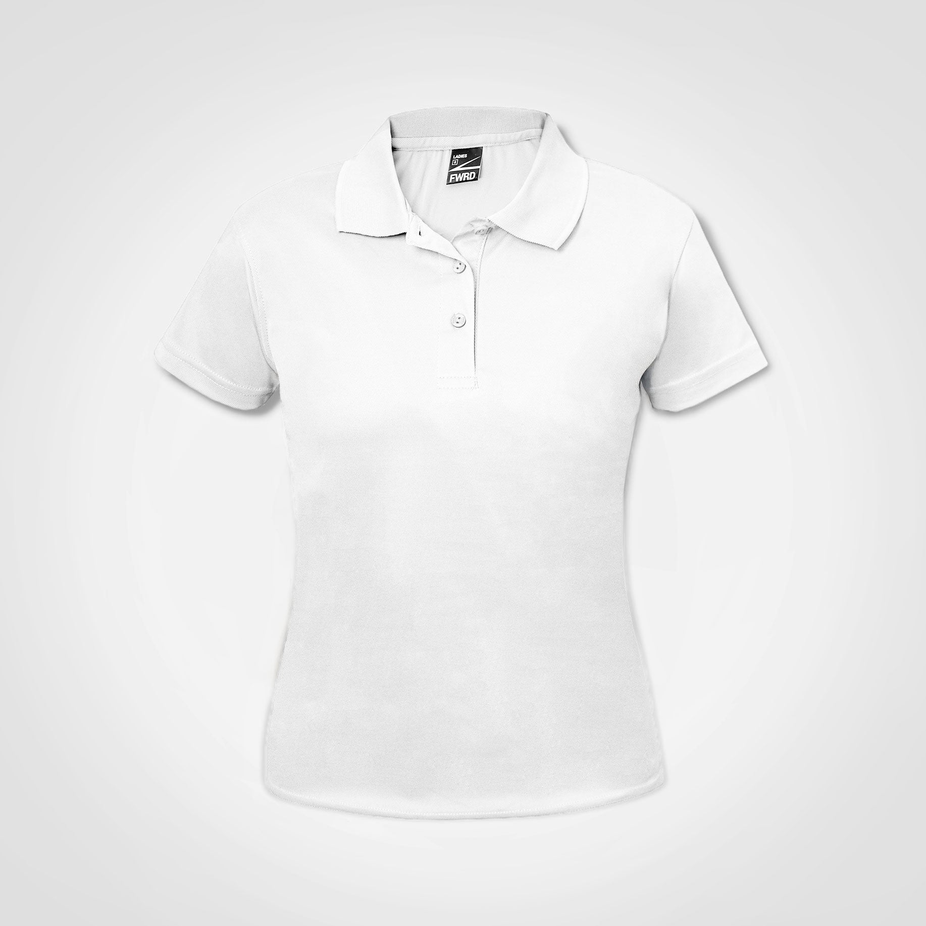Ladies golf polo shirt with short sleeves, button placket and collar, white