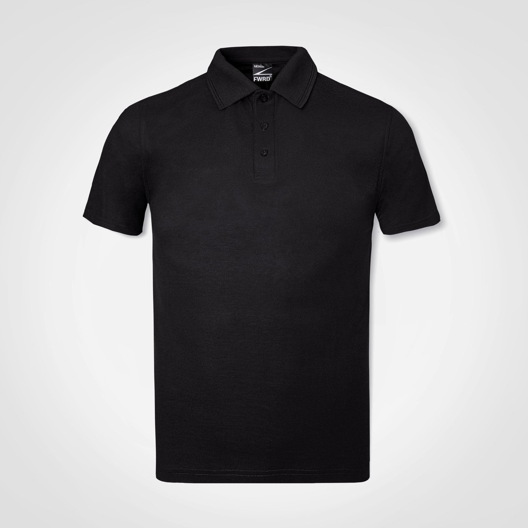 Black polo shirt with button placket and short sleeves