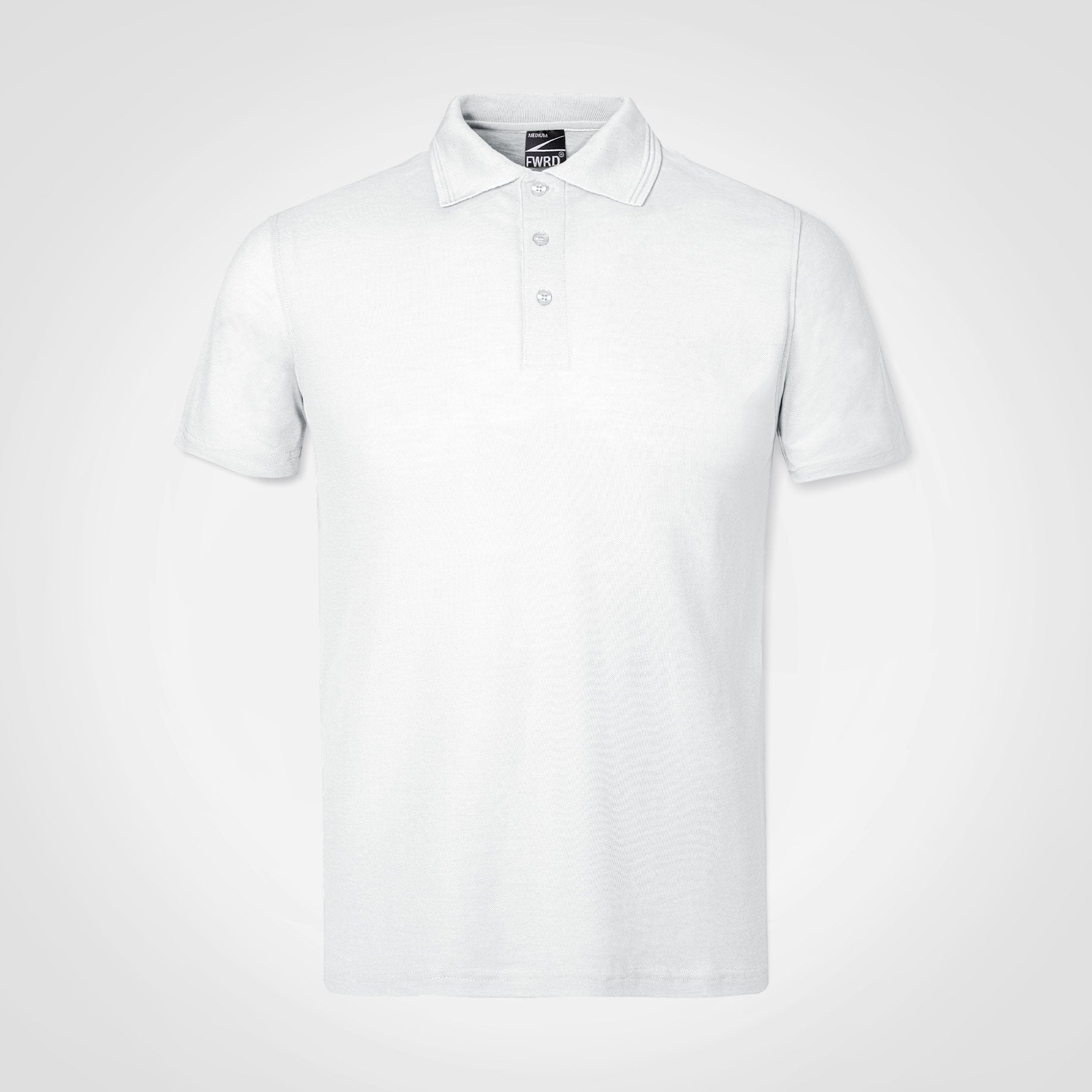 White polo shirt with button placket and short sleeves
