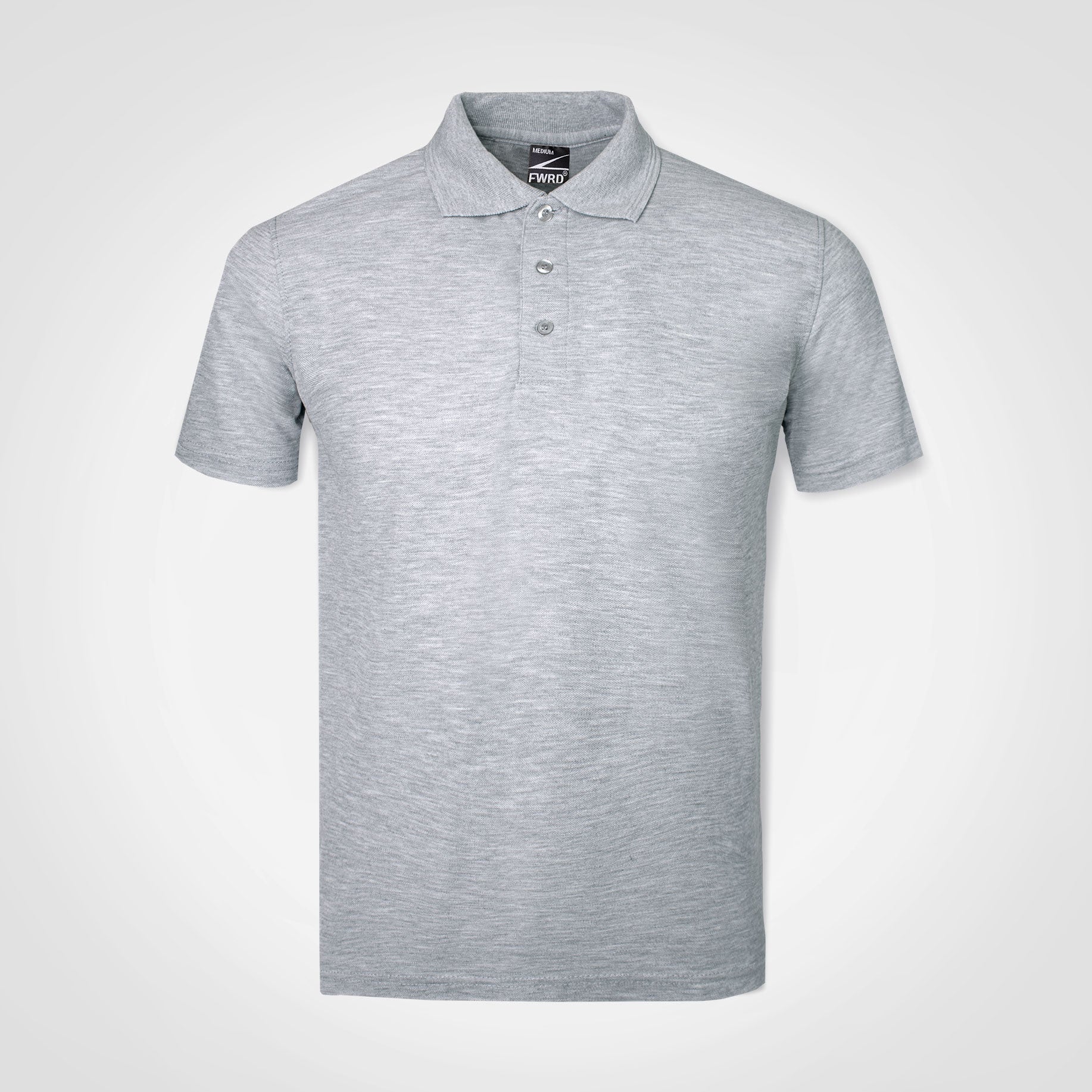 Light grey polo shirt with button placket and short sleeves