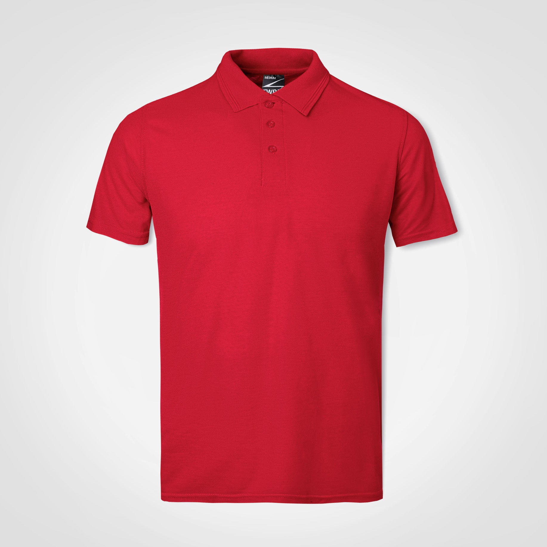 Red polo shirt with button placket and short sleeves
