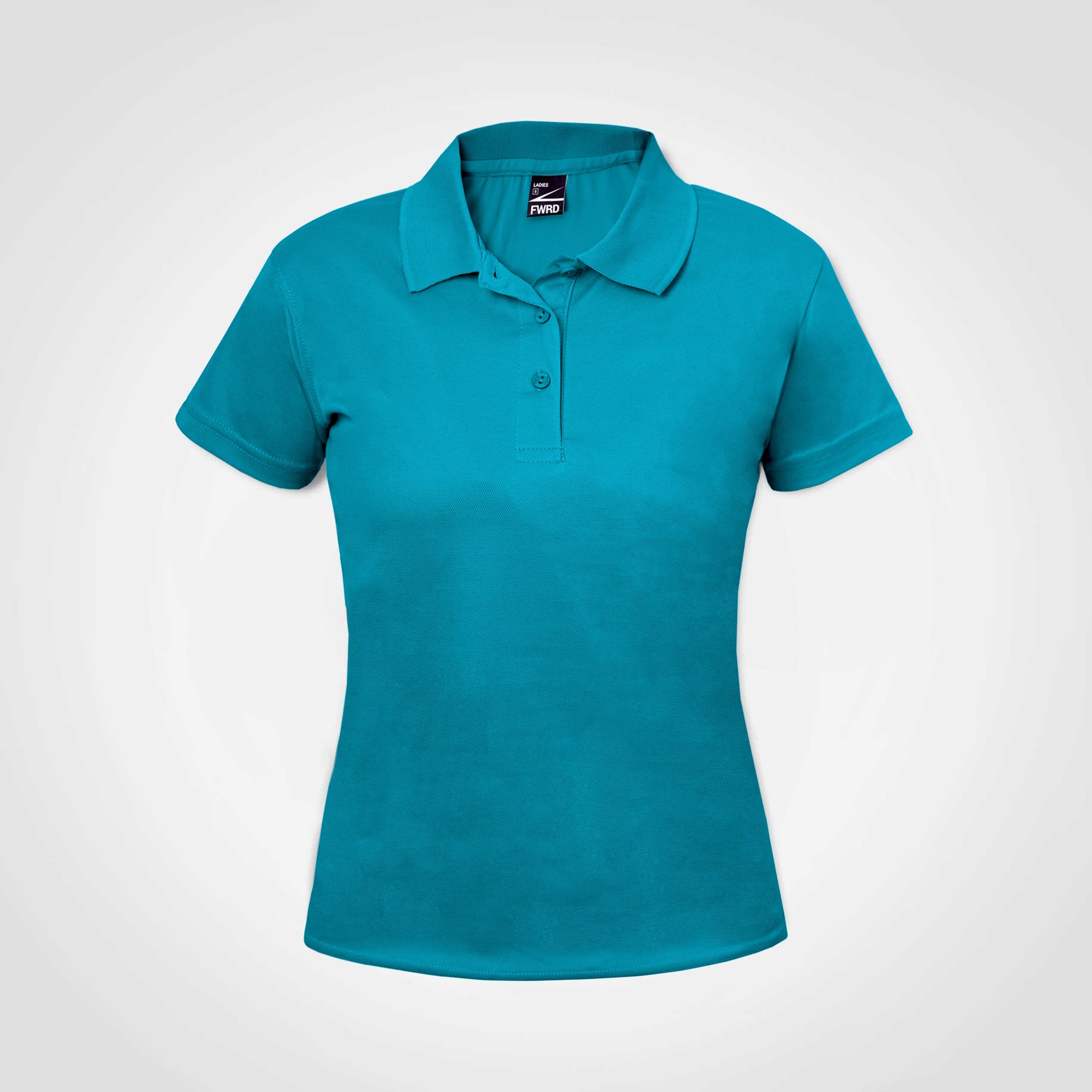 Ladies golf polo shirt with short sleeves, button placket and collar, turquoise