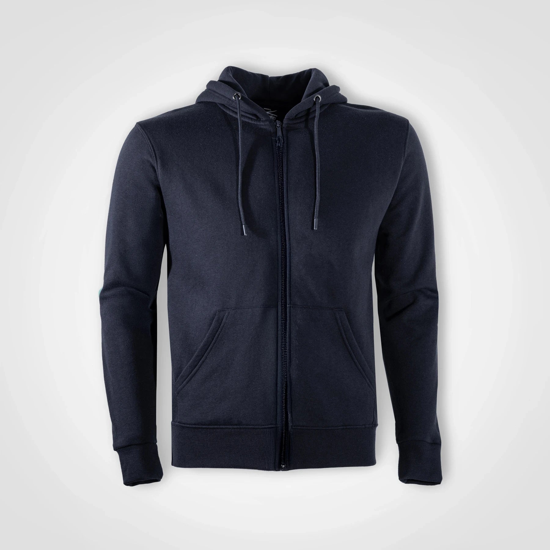 Navy zipped hoodie with drawstring hood and kangaroo pocket
