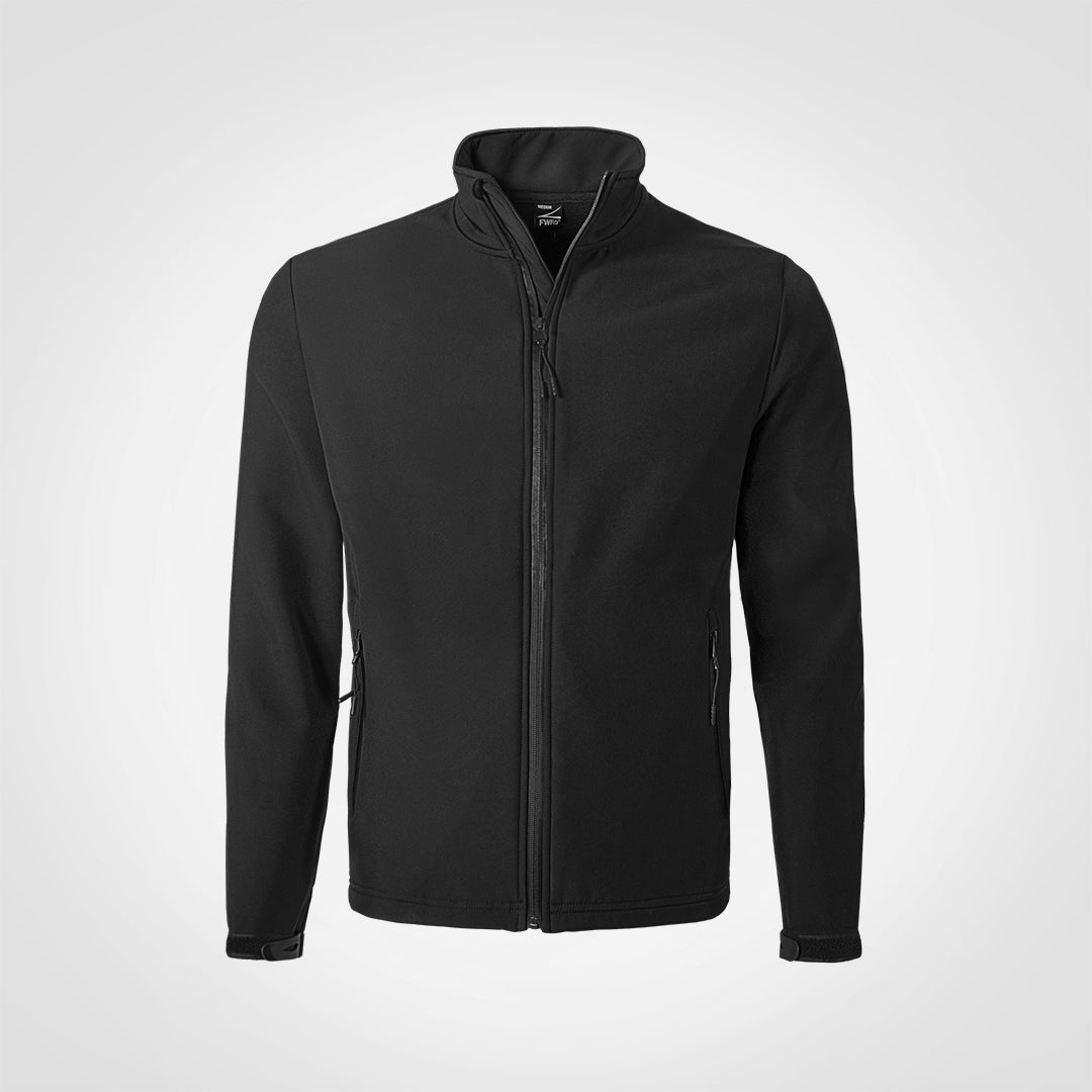 Black softshell jacket with full-zip front and stand collar