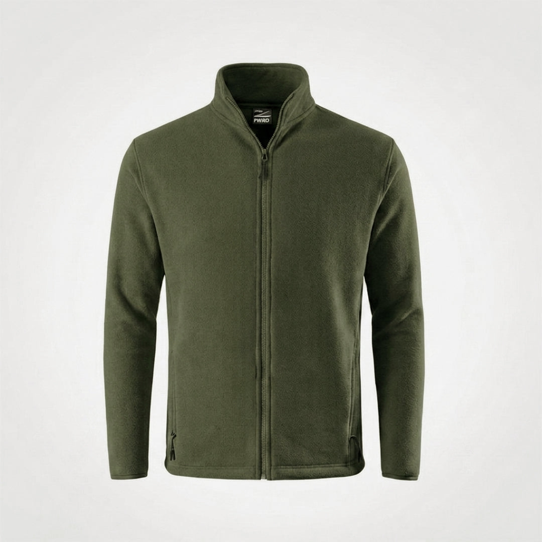 Olive microfleece jacket, full-zip with stand collar and side pockets