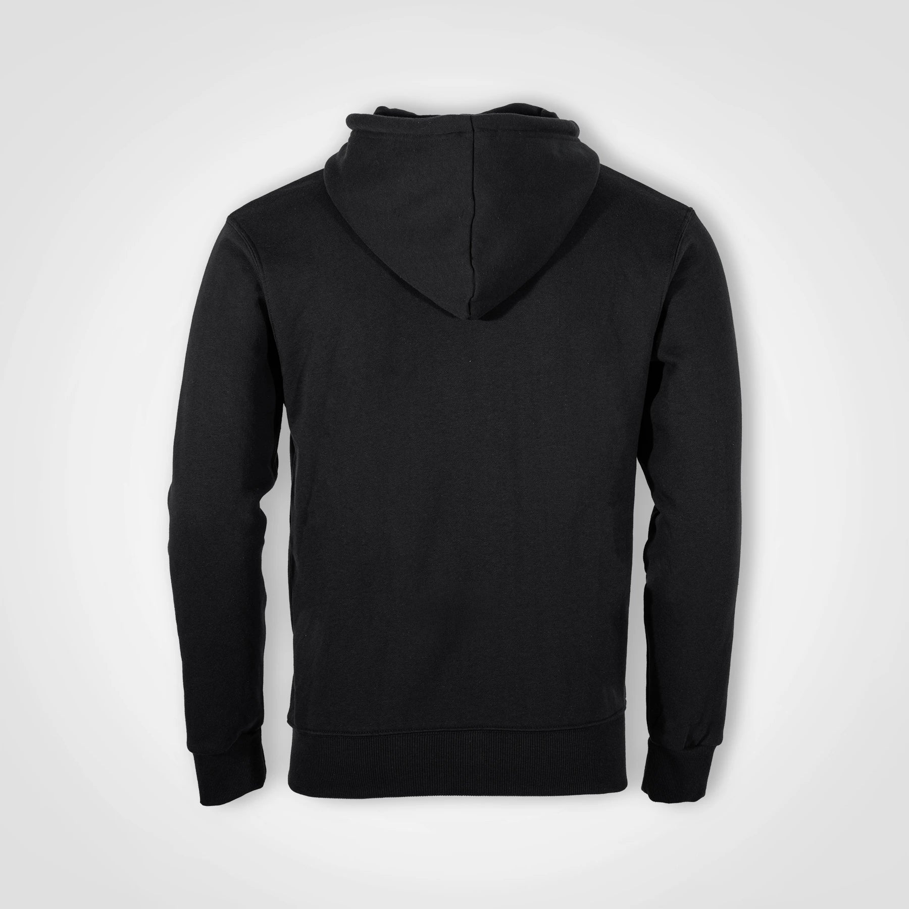 Black zipped hoodie, back view with hood and full-length zipper