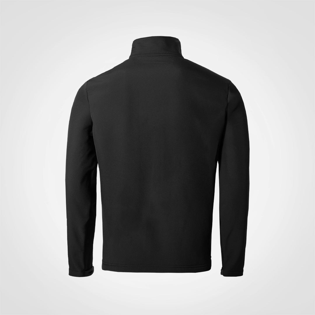 Black softshell jacket with full-zip back view