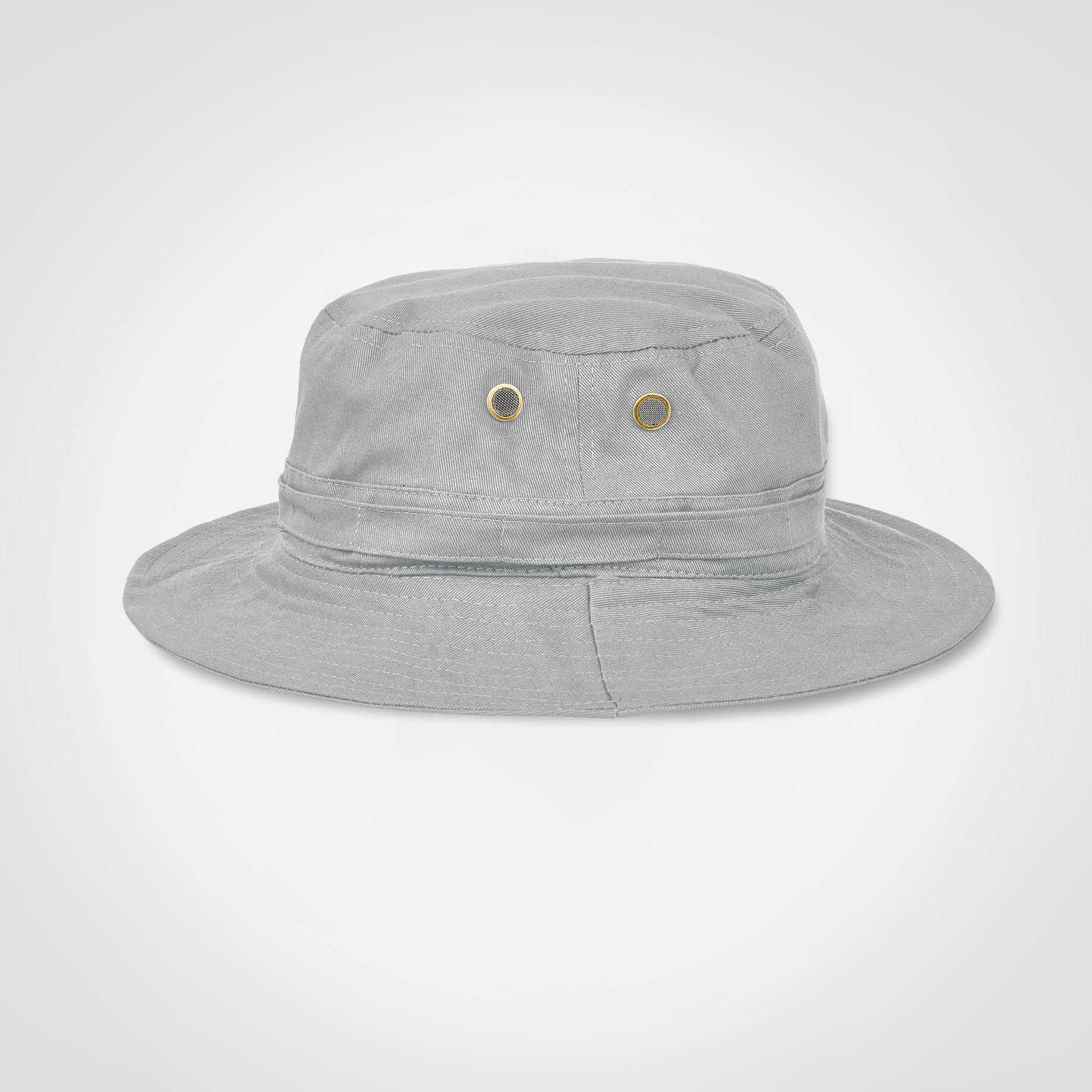 Grey Ranger hat with wide brim, front eyelets, and chin drawstring cords.