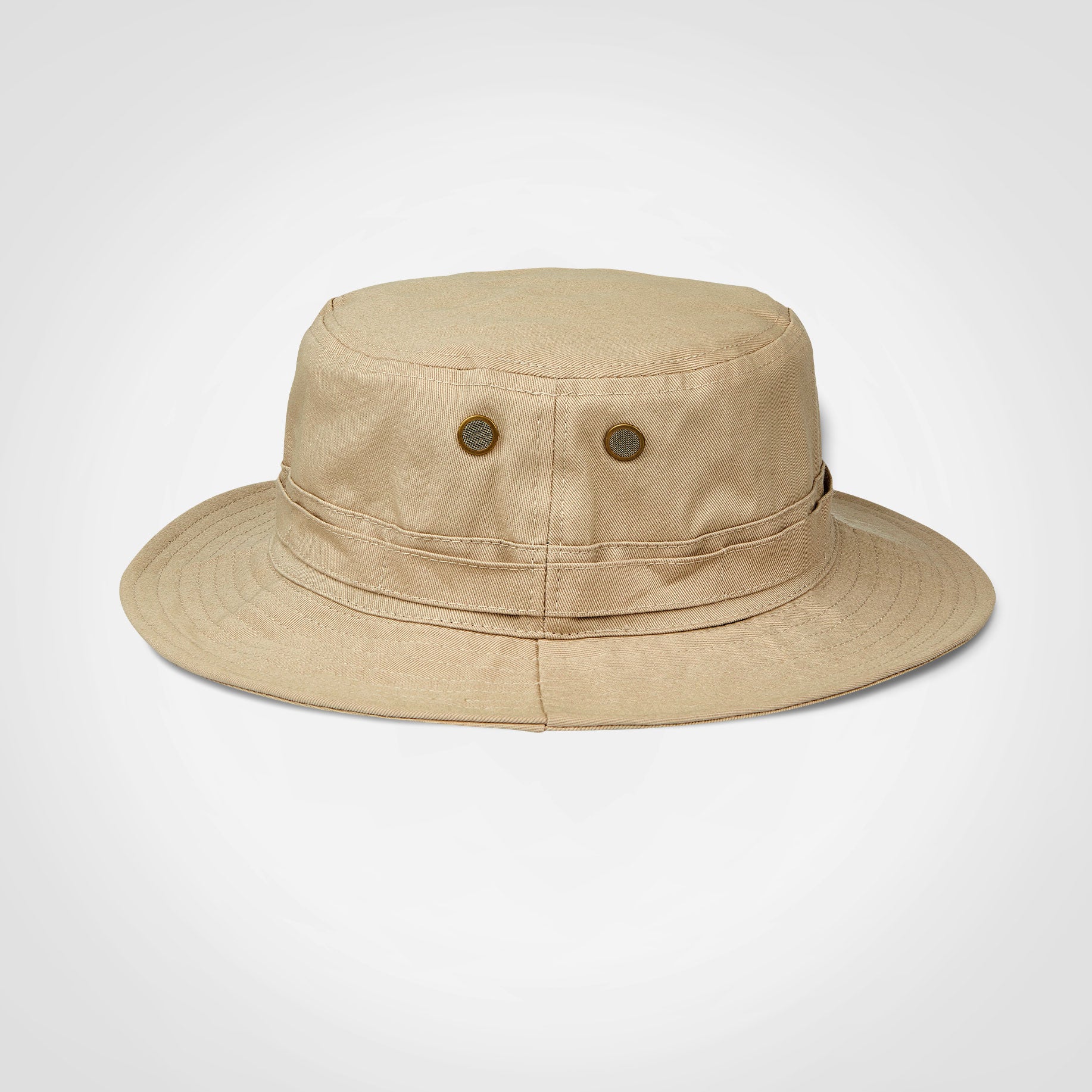 Light tan Ranger hat with wide brim, front eyelets, and chin drawstring cords.