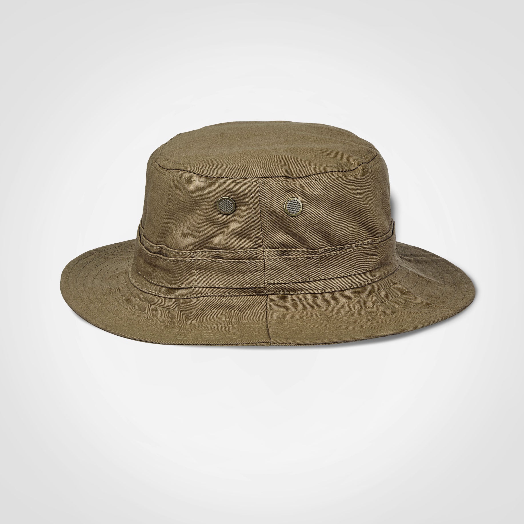 Olive Ranger hat with wide brim, front button eyelets, and chin drawstring cords.