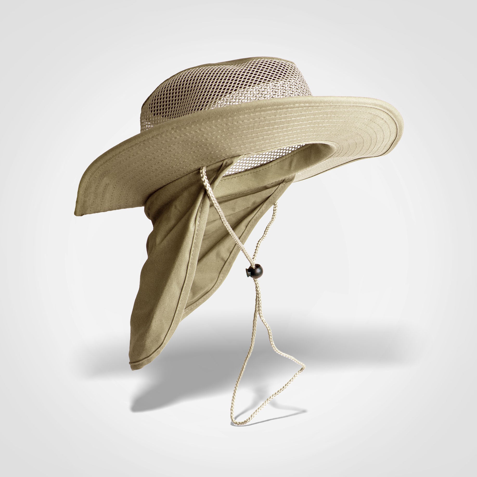 Safari hat with mesh top, wide brim, chin cord, dark olive with matching flap