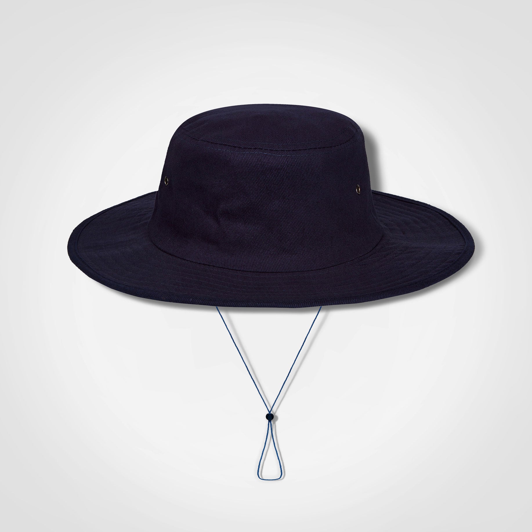 Cricket hat in dark navy with wide brim and chin tie cord