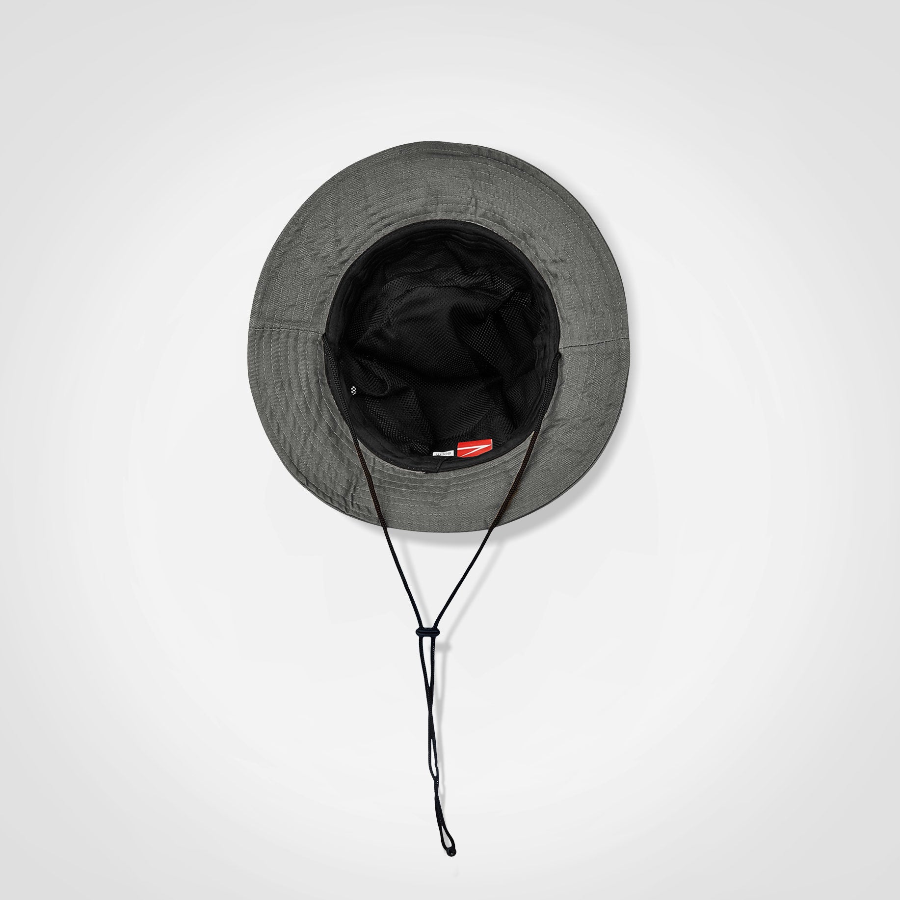 Charcoal Ranger hat with wide brim, black interior, and chin drawstring cords.