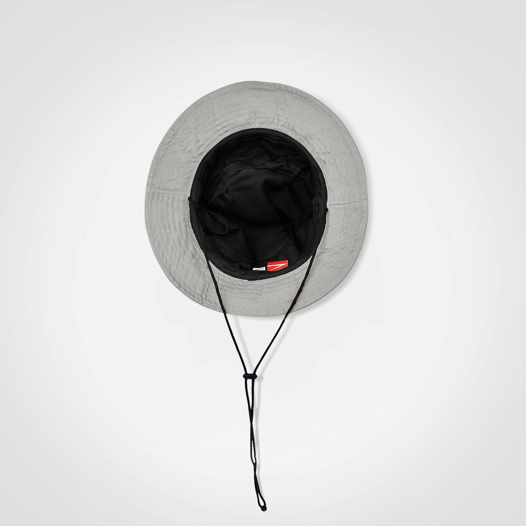 Light grey Ranger hat with wide brim, black interior, and chin drawstring cords.