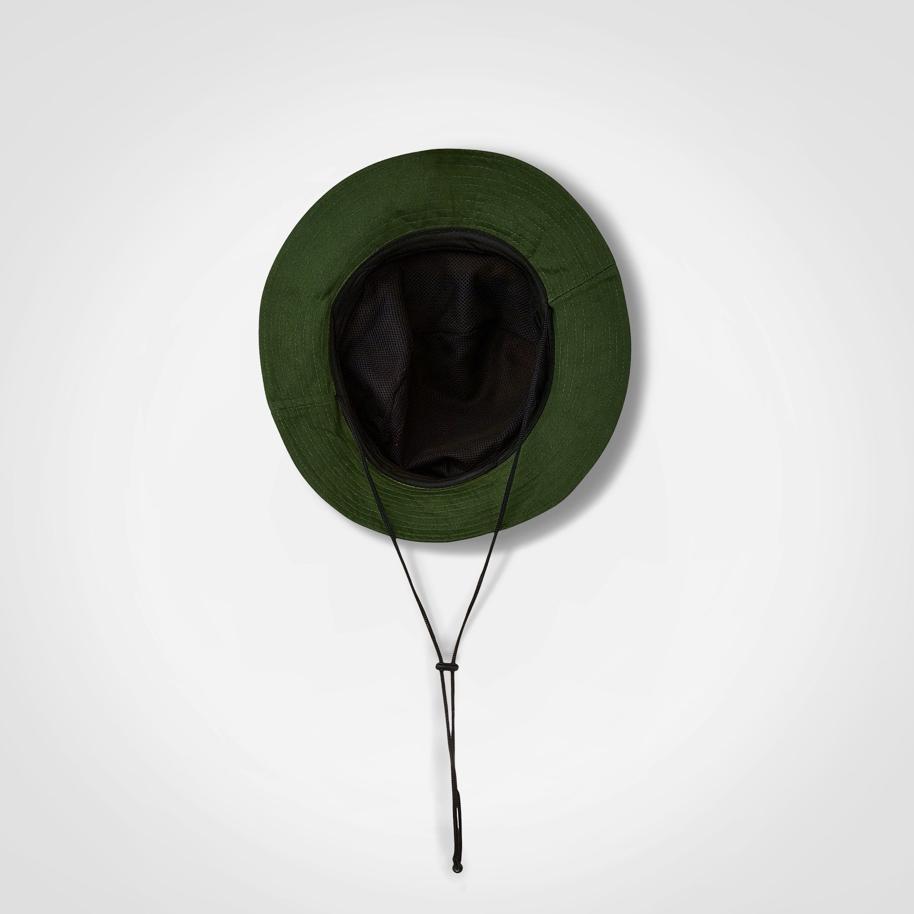 Green Ranger hat with wide brim, black interior, and chin drawstring cords.