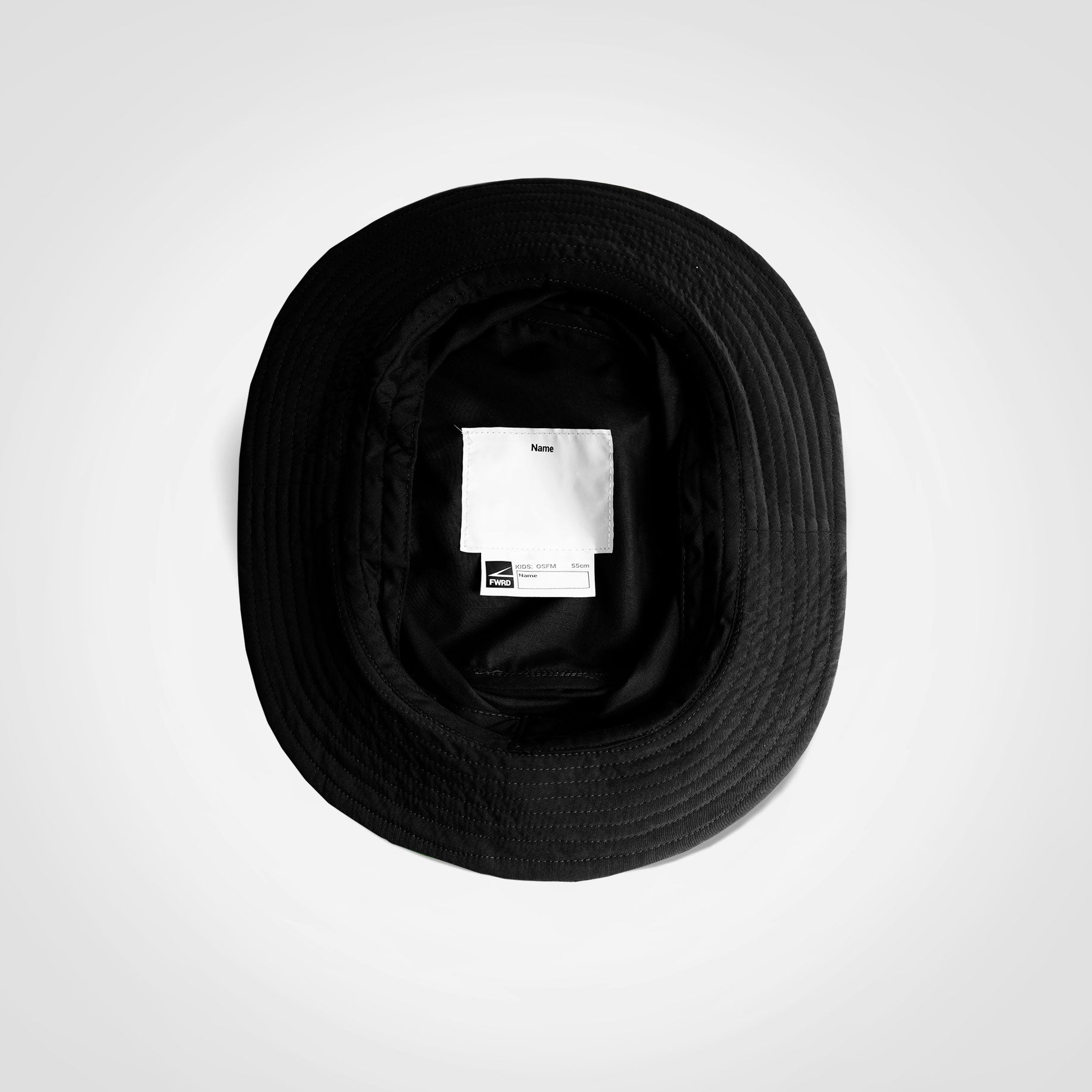 Black kids bucket hat, interior view with liner and size tag