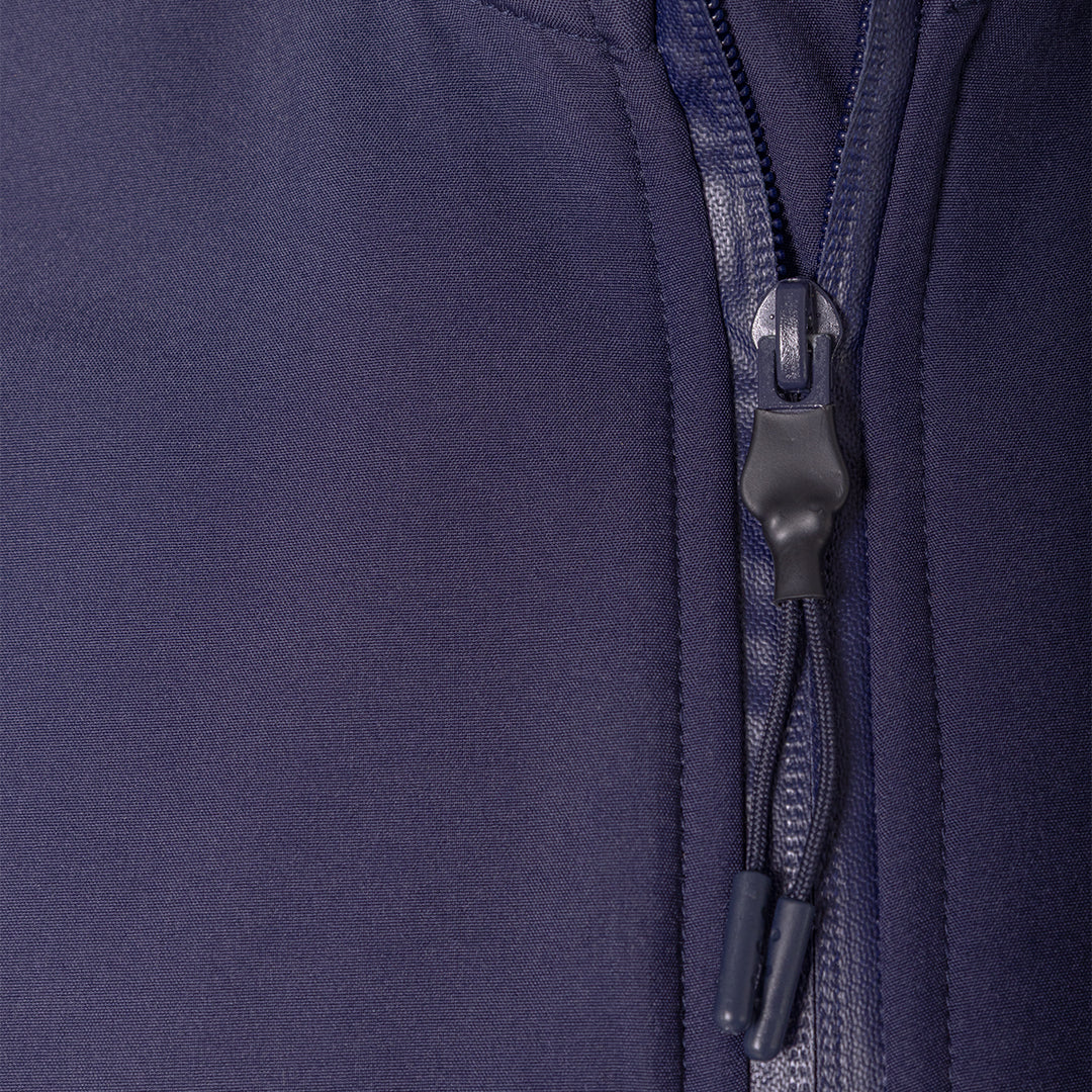 Navy softshell jacket zipper close-up with pull tab