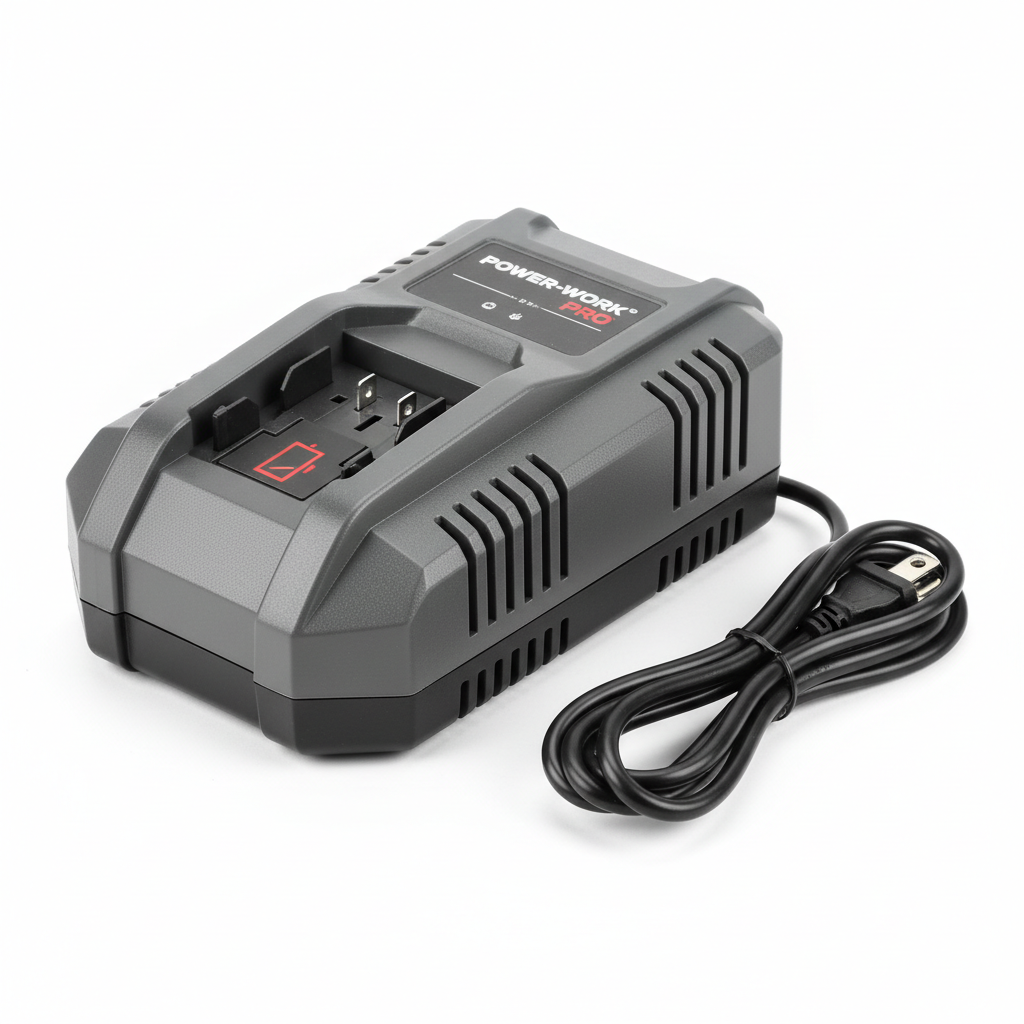 20V battery charger with dual slots, gray/black housing and power indicator, with cable